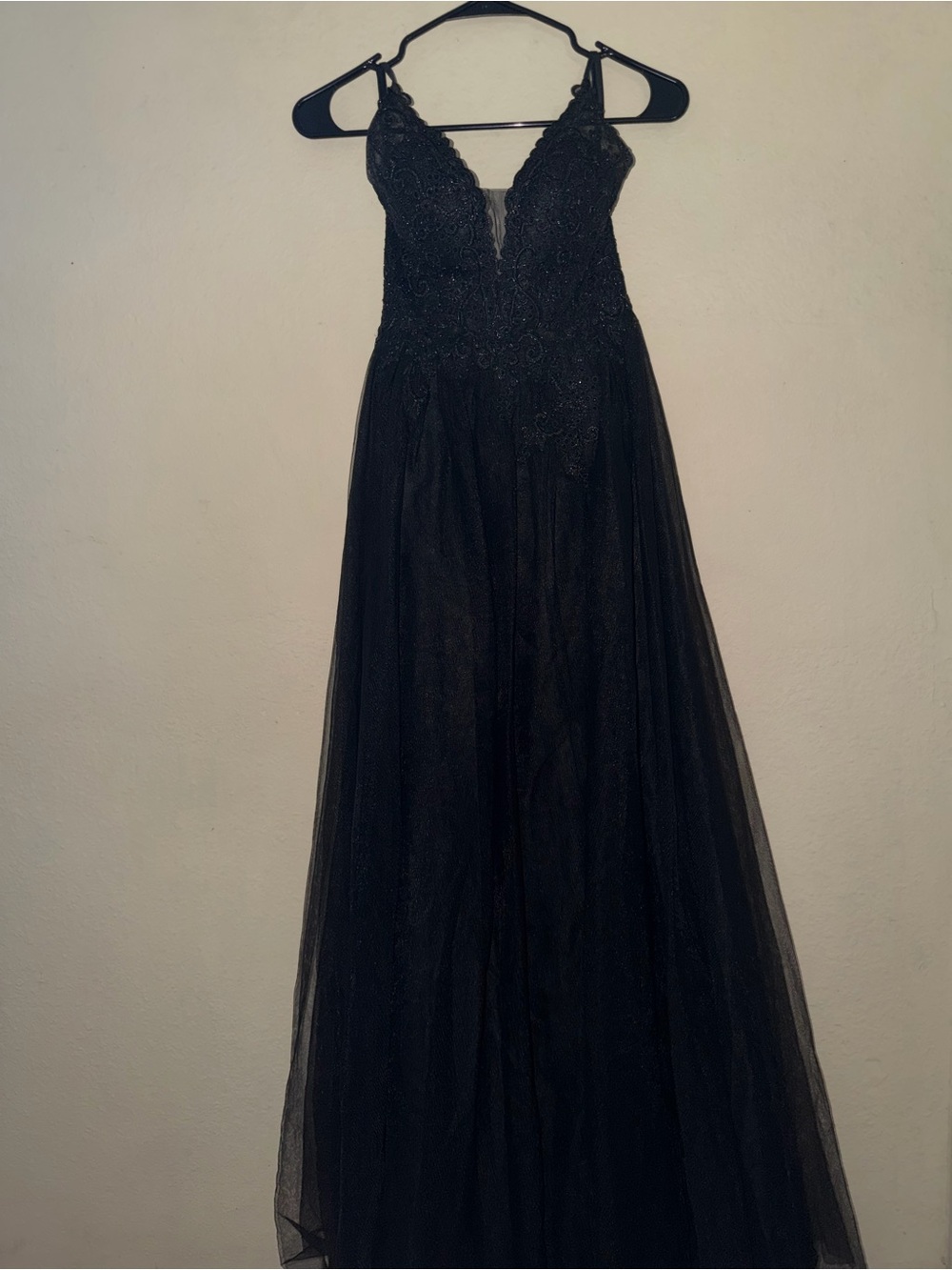 Blondie Nites Black Lace & Tulle V-Neck Prom Dress